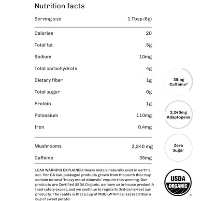 MUDWTR Original Mushroom Coffee Alternative | 2,240Mg USA Grown & Adaptogenic Mushrooms | USDA Organic | Lion'S Mane, Cordyceps, Chaga & Reishi | Energy, Focus & Immunity Support | 30 Servings