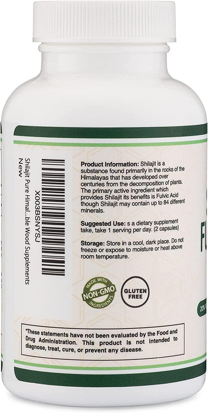 Shilajit Pure Himalayan Capsules (20% Fulvic Acid Supplement) 1,000Mg of Authentic Shilajit Extract per Serving, 120 Count (High in Trace Minerals, No Fillers) by Double Wood