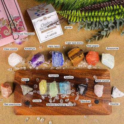 17Pcs Crystals and Healing Stones, 14Pcs Real Raw Chakra Stones Set, Selenite Charging Plate, Amethyst Necklace, Rose Quartz, Mothers Day Gifts, Gift Box, Guide for Beginners, Collection, Meditation, Yoga