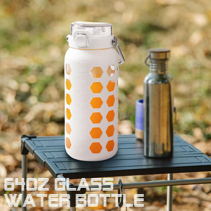 64Oz Glass Water Bottles with Straw and Lid,Half Gallon Water Bottle with Time Marker,Large Glass Water Jug with Silicone Sleeve and Stainless Steel Handle-White