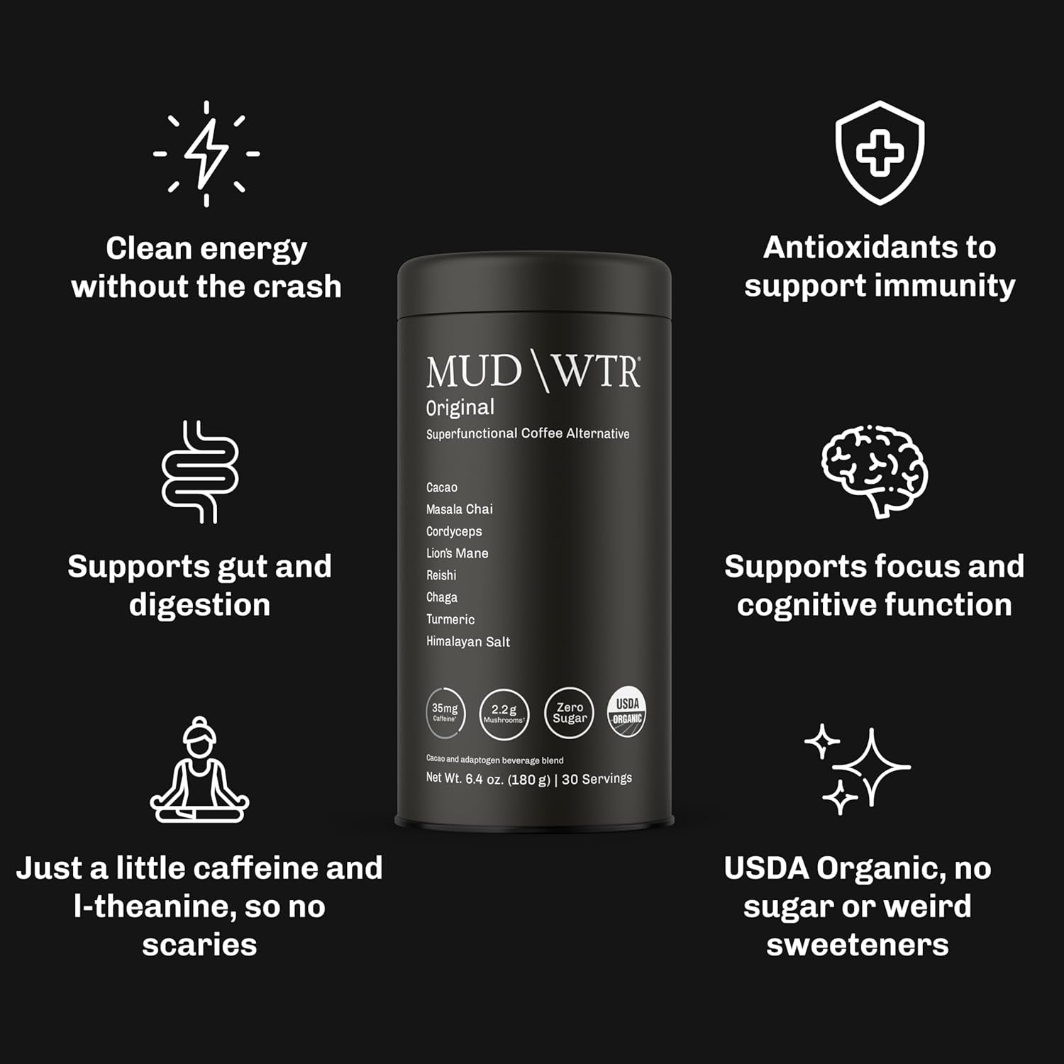 MUDWTR Original Mushroom Coffee Alternative | 2,240Mg USA Grown & Adaptogenic Mushrooms | USDA Organic | Lion'S Mane, Cordyceps, Chaga & Reishi | Energy, Focus & Immunity Support | 30 Servings