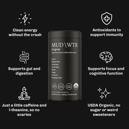 MUDWTR Original Mushroom Coffee Alternative | 2,240Mg USA Grown & Adaptogenic Mushrooms | USDA Organic | Lion'S Mane, Cordyceps, Chaga & Reishi | Energy, Focus & Immunity Support | 30 Servings