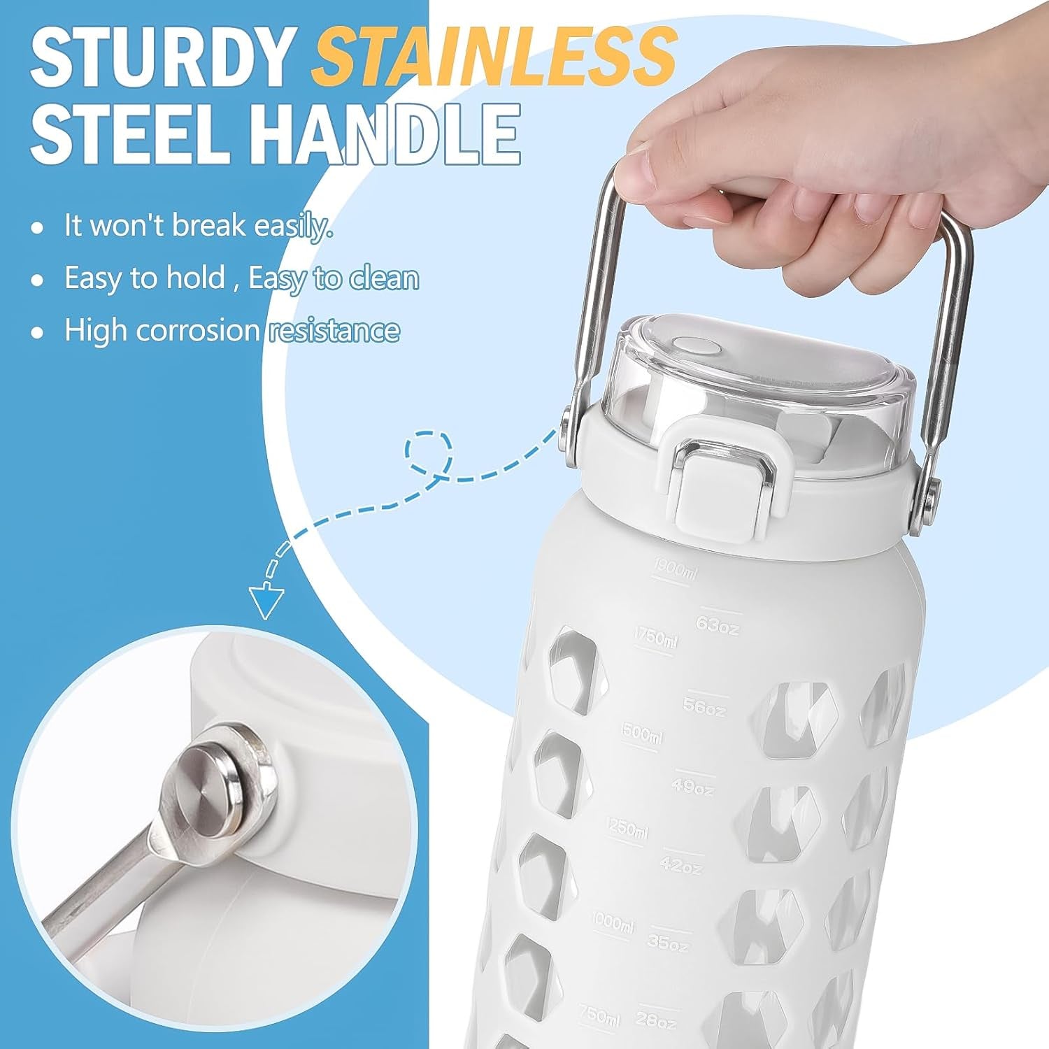 64Oz Glass Water Bottles with Straw and Lid,Half Gallon Water Bottle with Time Marker,Large Glass Water Jug with Silicone Sleeve and Stainless Steel Handle-White