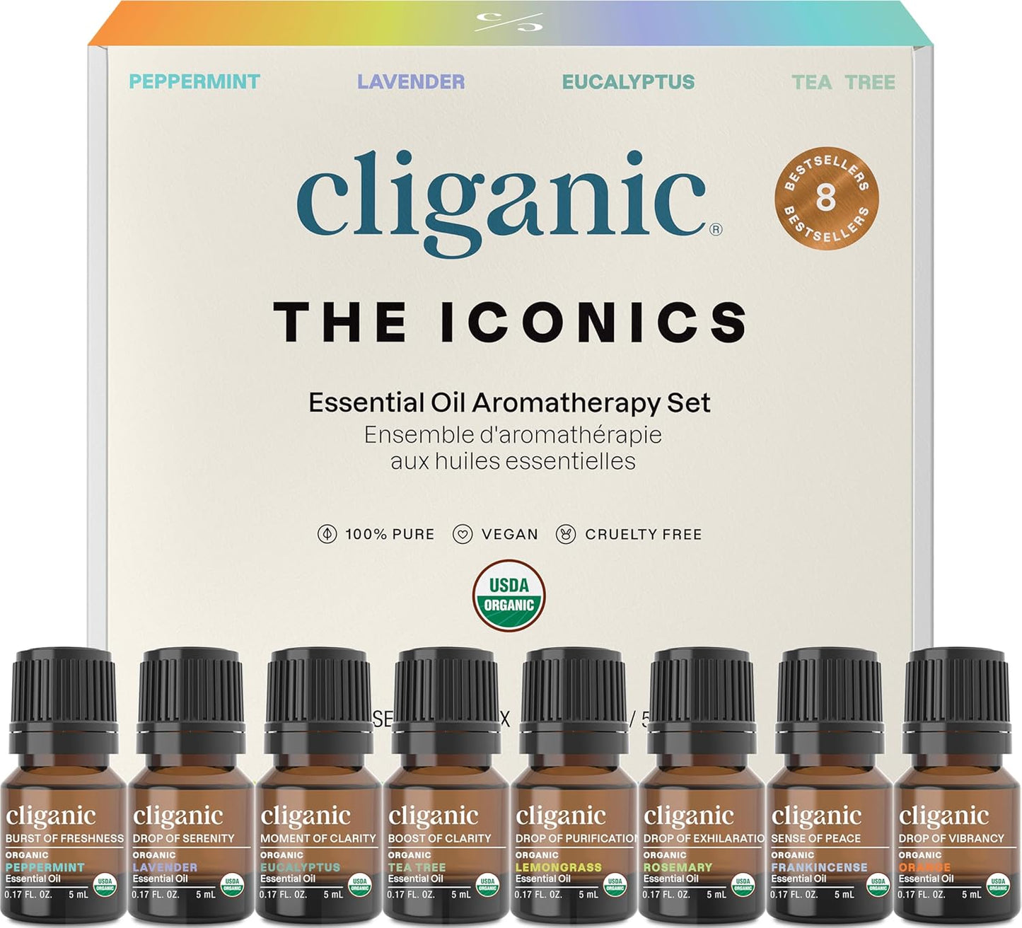Organic Aromatherapy Essential Oils Gift Set (Top 8 - the Iconics), 100% Pure - Peppermint, Lavender, Eucalyptus, Tea Tree, Lemongrass, Rosemary, Frankincense & Orange (Packaging May Vary)