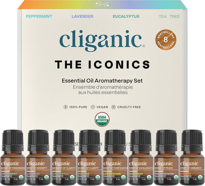 Organic Aromatherapy Essential Oils Gift Set (Top 8 - the Iconics), 100% Pure - Peppermint, Lavender, Eucalyptus, Tea Tree, Lemongrass, Rosemary, Frankincense & Orange (Packaging May Vary)