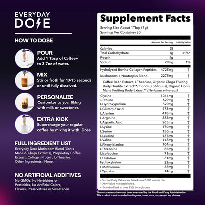 Premium Adaptogenic Mushroom Coffee with Grass-Fed Collagen, Chaga, Lions Mane & L-Theanine for Better Focus, Energy, Digestion, Skin, and Immunity 30 Servings