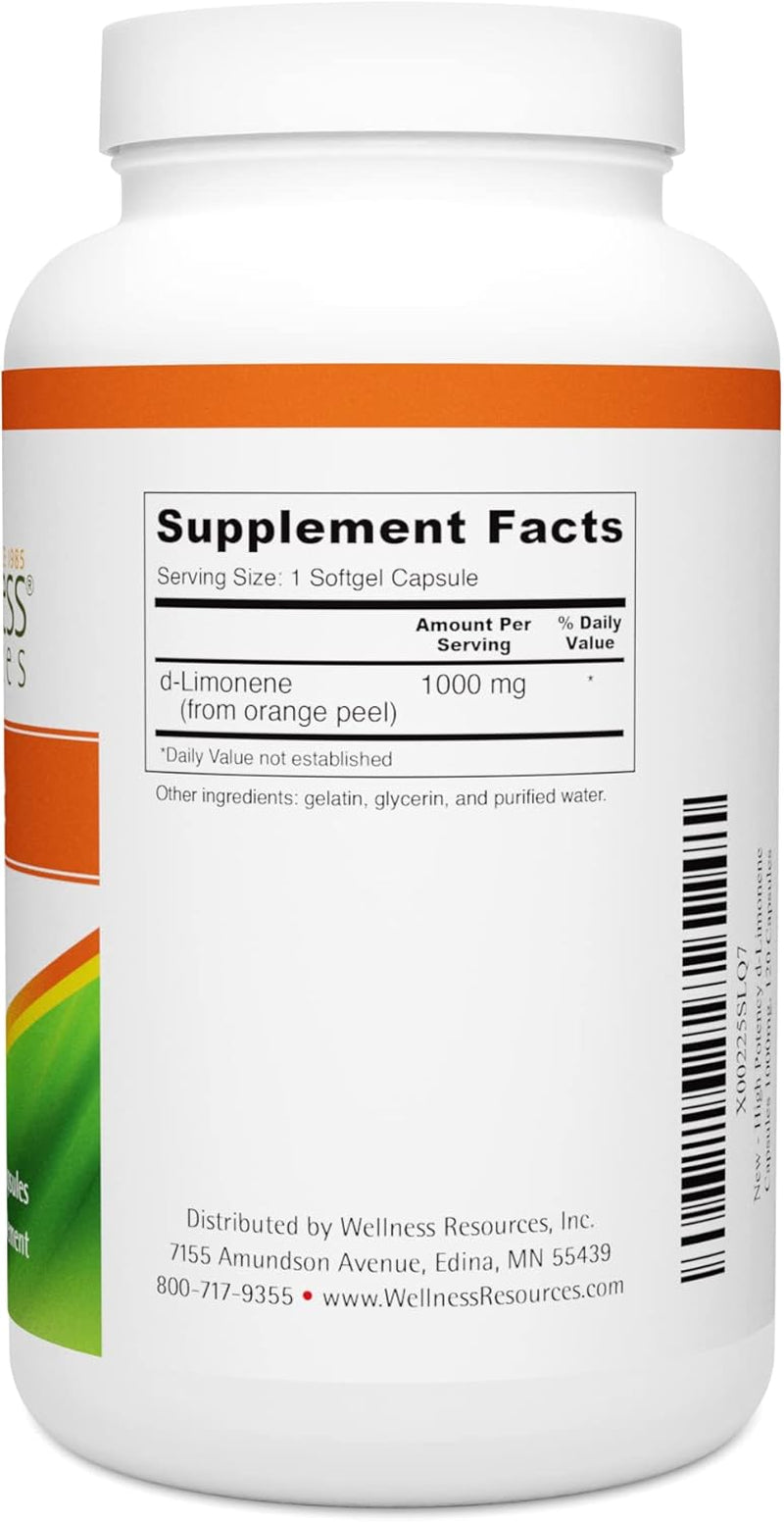 High Potency D-Limonene Capsules 1000Mg, 120 Capsules - Orange Peel Extract for Digestive Health, Heartburn, Acid Reflux, Detoxification