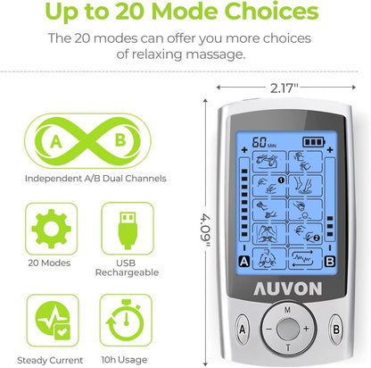 Dual Channel TENS Unit Muscle Stimulator Machine with 20 Modes, 2" and 2"X4" TENS Unit Electrode Pads