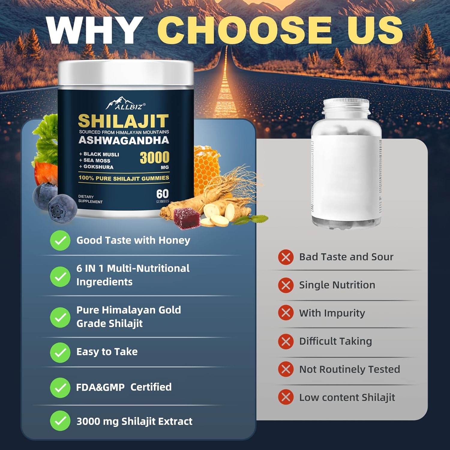 6 in 1 Pure Himalayan Natural Shilajit Gummies with Ashwagandha Gokshura, Sweetened by Organic Honey 100% Natural & Non-Gmo Gold Grade Shilajit for Men & Women (60 Gummies)