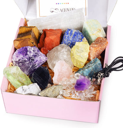17Pcs Crystals and Healing Stones, 14Pcs Real Raw Chakra Stones Set, Selenite Charging Plate, Amethyst Necklace, Rose Quartz, Mothers Day Gifts, Gift Box, Guide for Beginners, Collection, Meditation, Yoga