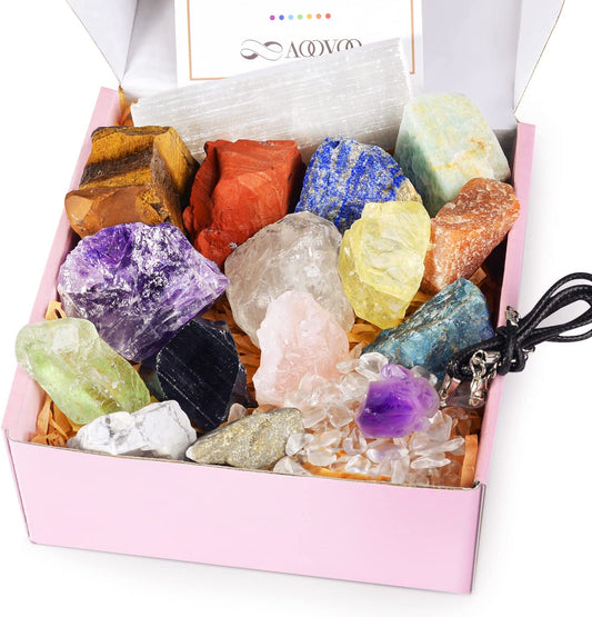 17Pcs Crystals and Healing Stones, 14Pcs Real Raw Chakra Stones Set, Selenite Charging Plate, Amethyst Necklace, Rose Quartz, Mothers Day Gifts, Gift Box, Guide for Beginners, Collection, Meditation, Yoga