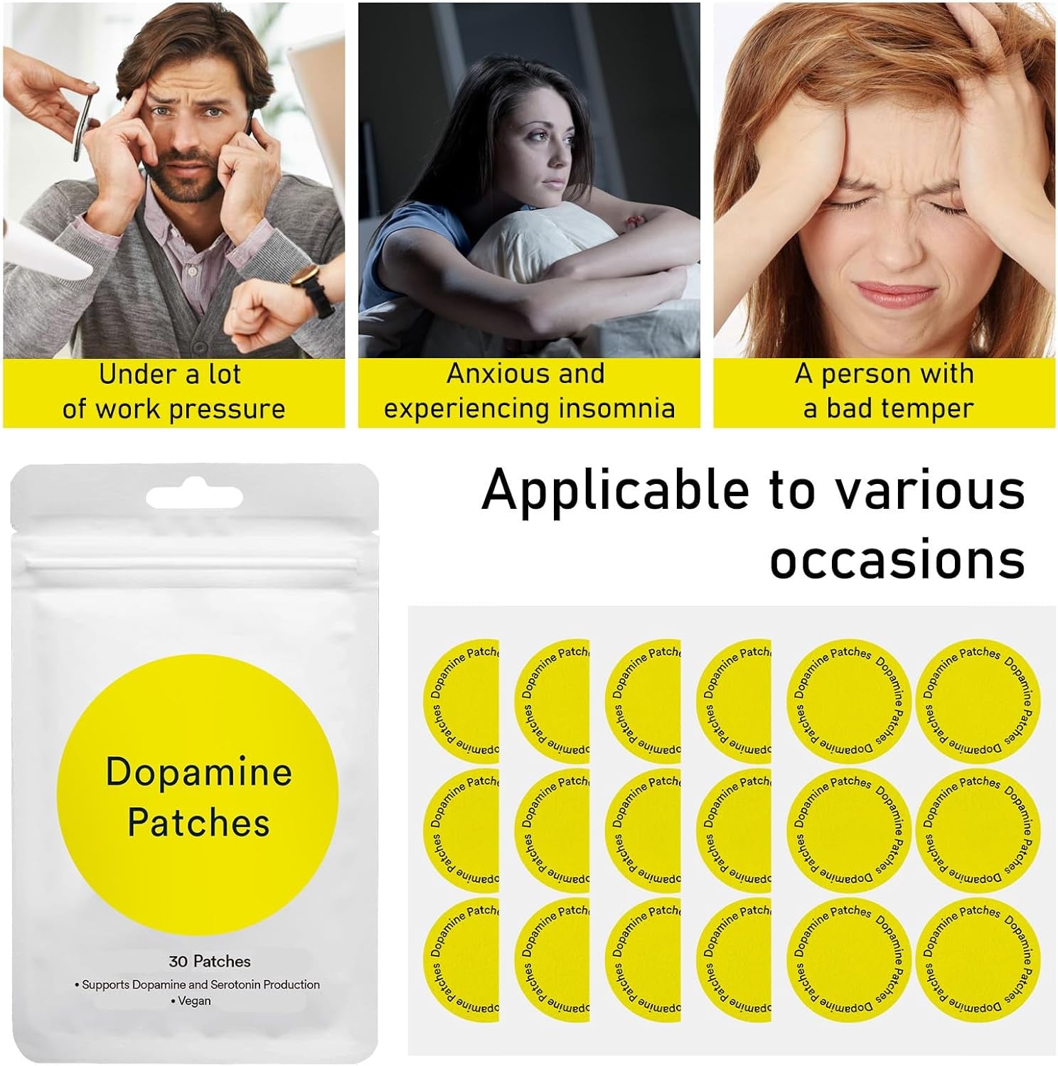 Dopamine Patches - 30 Vegan Patches for Women and Men, Natural Support and Daily Care