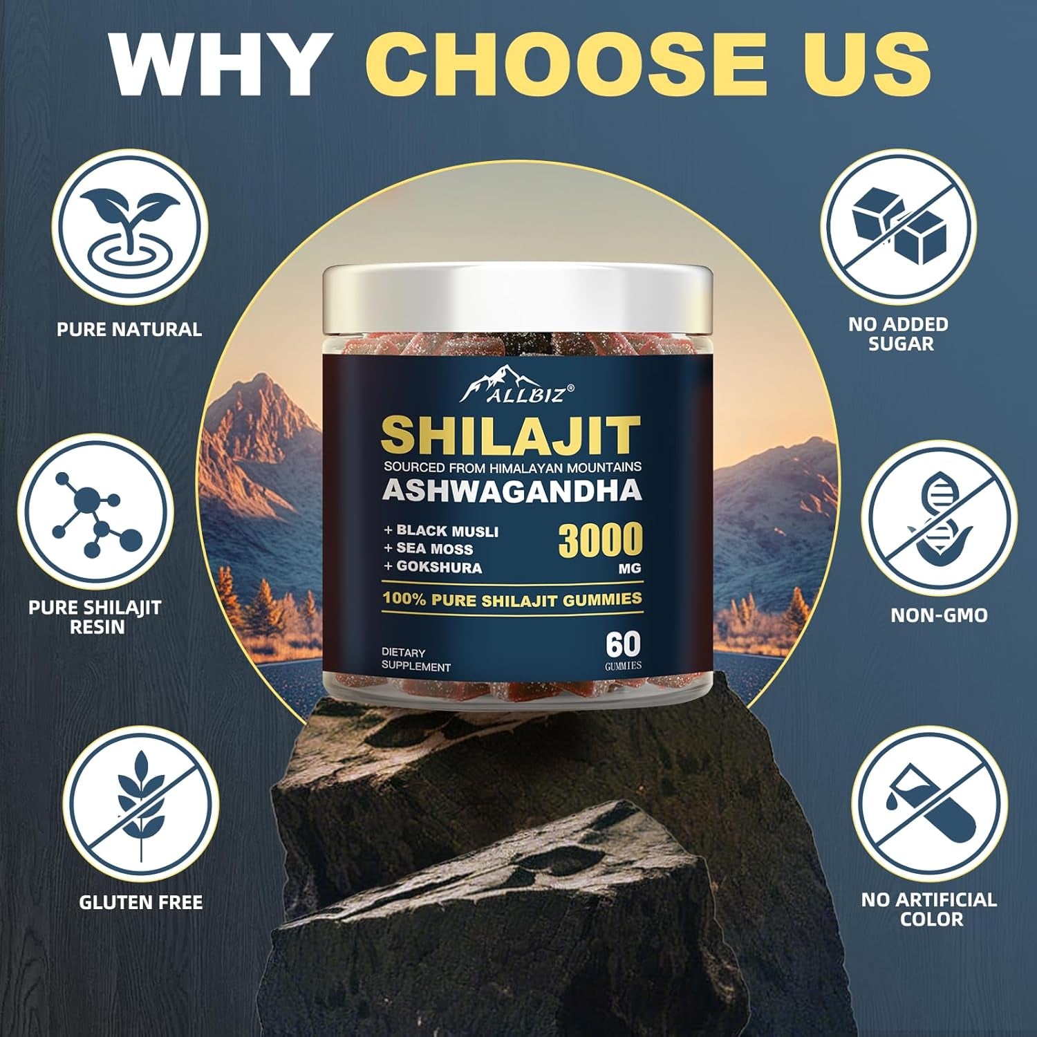 6 in 1 Pure Himalayan Natural Shilajit Gummies with Ashwagandha Gokshura, Sweetened by Organic Honey 100% Natural & Non-Gmo Gold Grade Shilajit for Men & Women (60 Gummies)