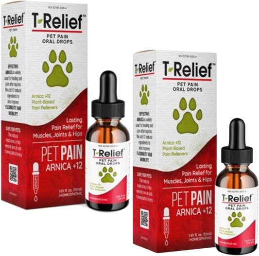 T-Relief Pet Pain Oral Drops Arnica +12 Powerful Natural Medicines for Muscle Joint & Hip Pain Soreness Stiffness Injuries in Dogs & Cats - Fast-Acting Soother - 1.69 Oz (2 Pack)