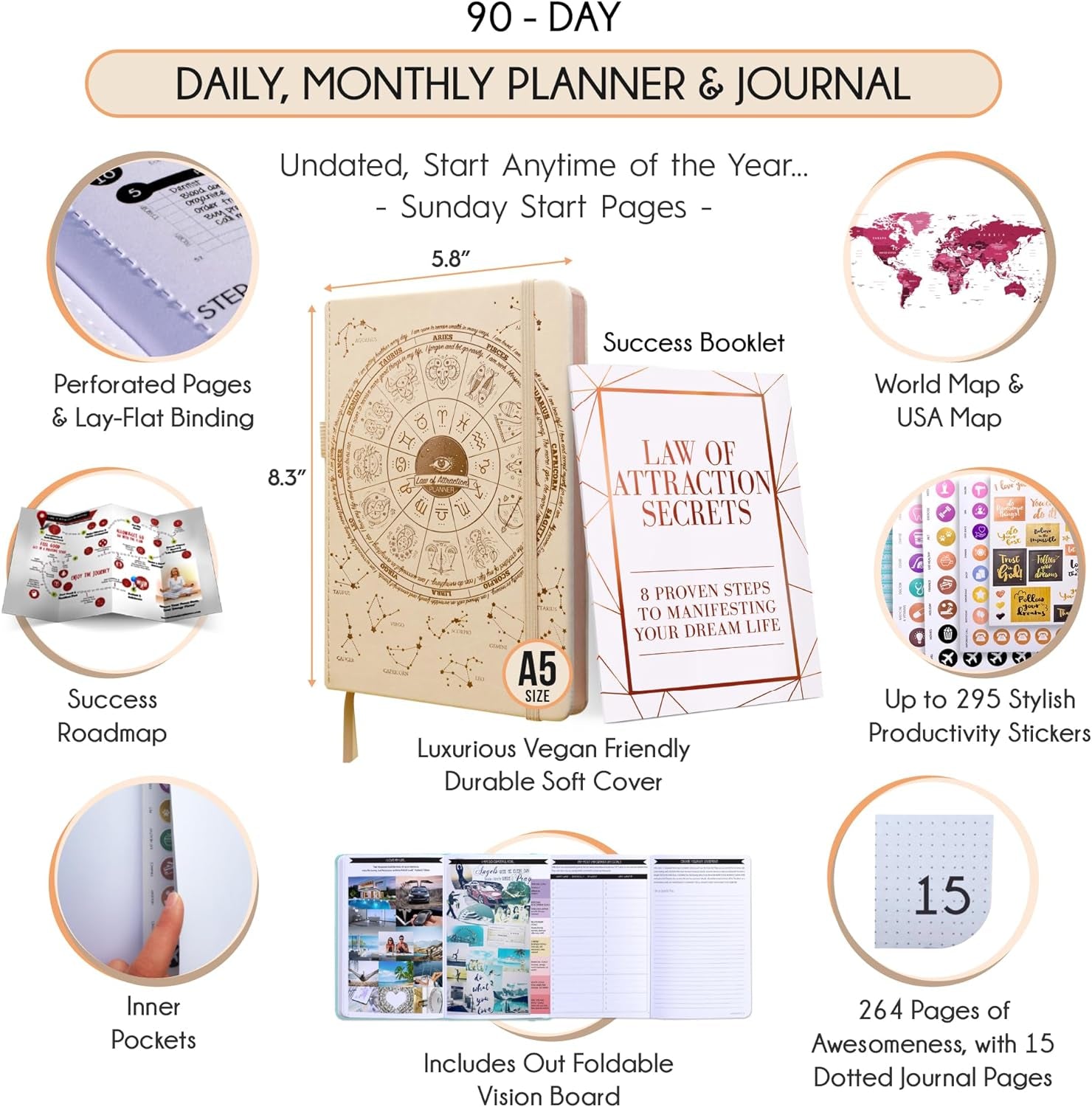 Manifestation Journal - 5 Minute Manifesting & Self Care Journal | 90-Day Undated Daily Planner for Positivity, Affirmations & Gratitude | Guided Mindfulness, Reflection | Vision Board + Stickers