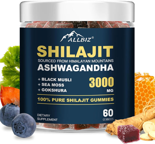 6 in 1 Pure Himalayan Natural Shilajit Gummies with Ashwagandha Gokshura, Sweetened by Organic Honey 100% Natural & Non-Gmo Gold Grade Shilajit for Men & Women (60 Gummies)