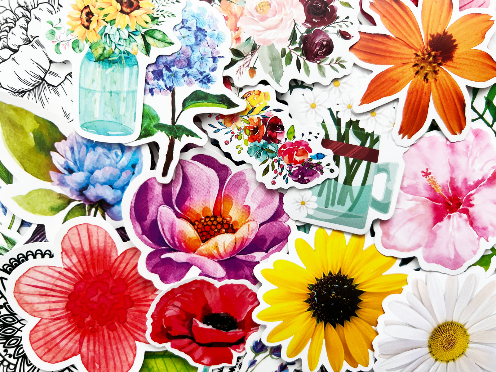 100 Flower Cute Watercolor Stickers Drawn Rose Waterbottle Laptop Vinyl Decals