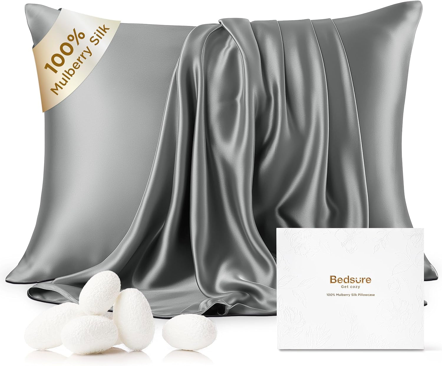 100% Mulberry Silk Pillowcase for Hair and Skin, Dark Grey Silk Pillow Case with Hidden Zipper, Gifts for Women, Standard Size Single Pack,20X26 Inches
