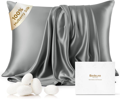 100% Mulberry Silk Pillowcase for Hair and Skin, Dark Grey Silk Pillow Case with Hidden Zipper, Gifts for Women, Standard Size Single Pack,20X26 Inches