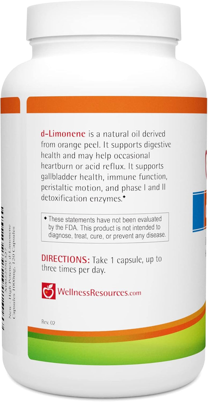 High Potency D-Limonene Capsules 1000Mg, 120 Capsules - Orange Peel Extract for Digestive Health, Heartburn, Acid Reflux, Detoxification