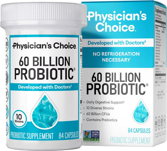 Probiotics 60 Billion CFU - 10 Strains + Organic Prebiotics - Immune, Digestive & Gut Health - Supports Occasional Constipation, Diarrhea, Gas & Bloating - for Women & Men - 84Ct