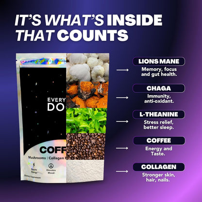 Premium Adaptogenic Mushroom Coffee with Grass-Fed Collagen, Chaga, Lions Mane & L-Theanine for Better Focus, Energy, Digestion, Skin, and Immunity 30 Servings