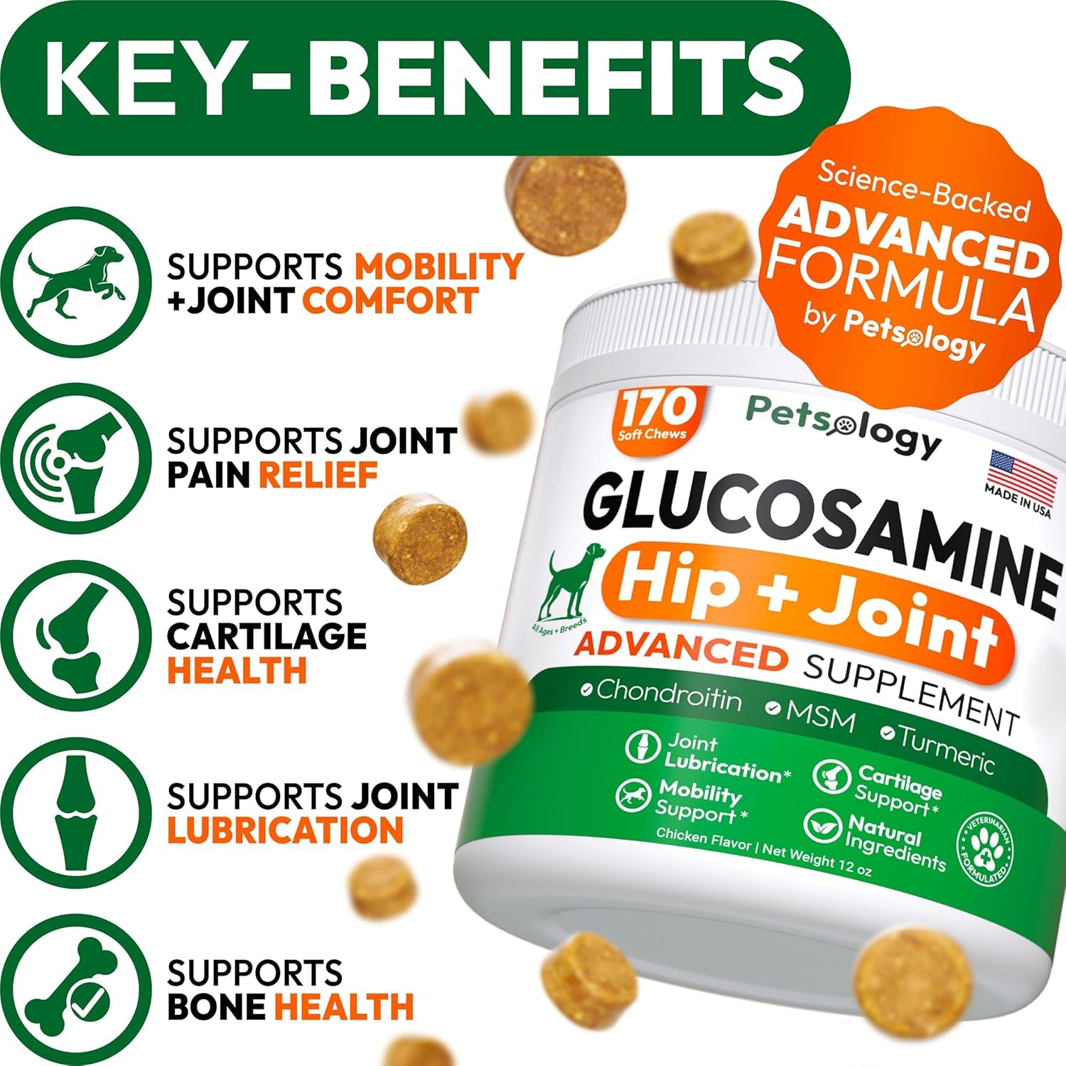Glucosamine for Dogs - Hip and Joint Supplement for Dogs - 170 Mobility Chews - Glucosamine Chondroitin - MSM - Turmeric - Joint Pain Relief - Advanced Support for Dog Health - Made in USA