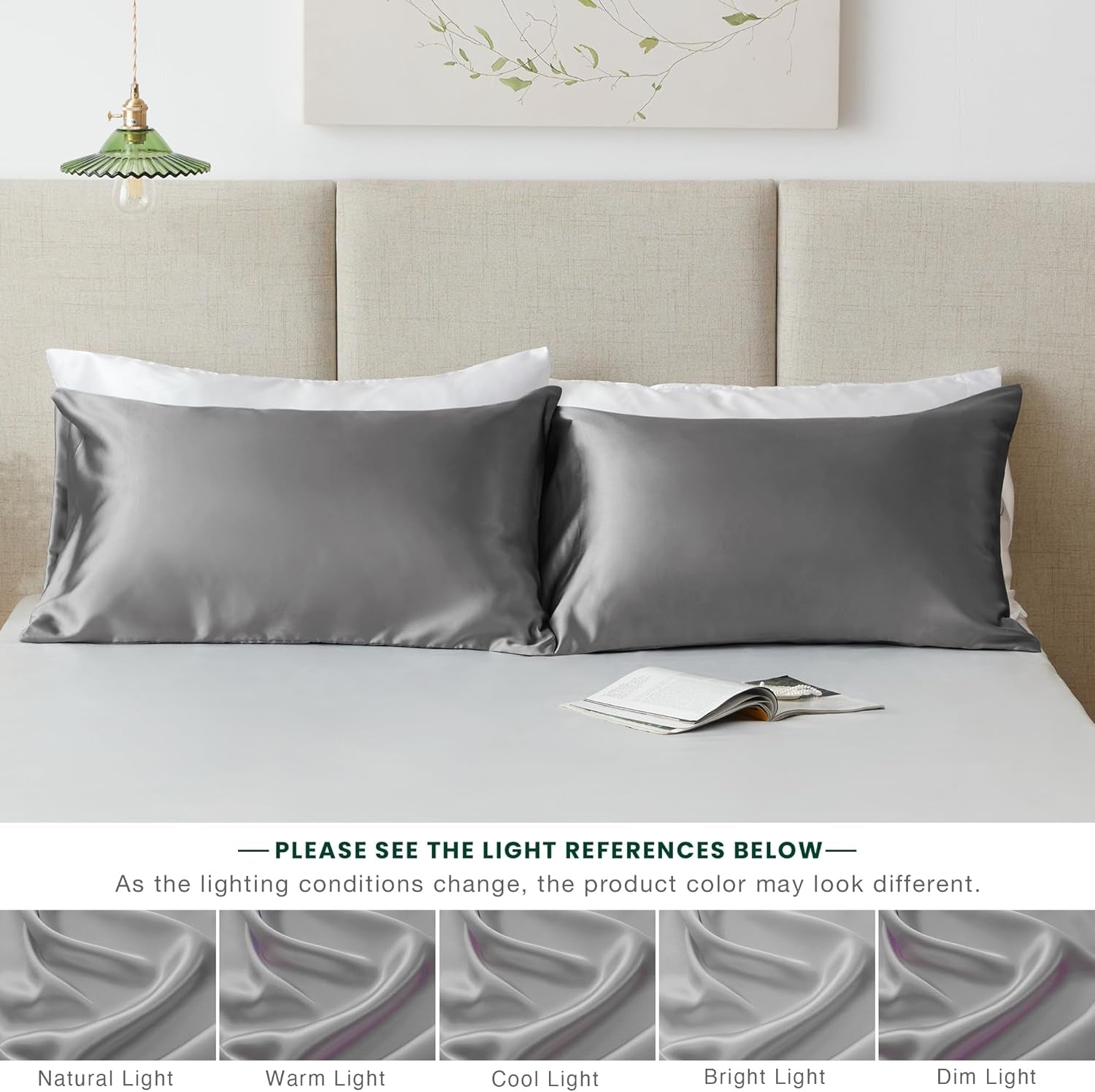 Satin Pillowcase for Hair and Skin, Similar to Silk Pillow Cases for Women, Pillow Case Queen Size Set of 2, Satin Cooling Pillow Cover with Envelope Closure, 20X30 Inches, Dark Grey