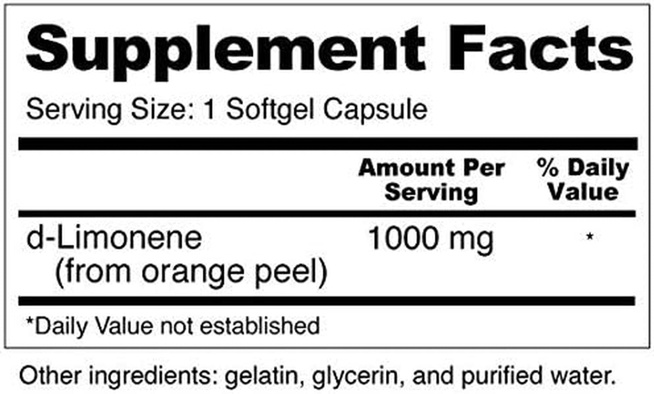 High Potency D-Limonene Capsules 1000Mg, 120 Capsules - Orange Peel Extract for Digestive Health, Heartburn, Acid Reflux, Detoxification