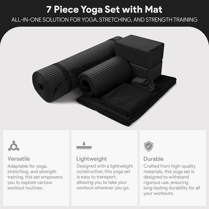 7-Piece Set - Include Yoga Mat with Carrying Strap, 2 Yoga Blocks, Yoga Mat Towel, Yoga Hand Towel, Yoga Strap and Yoga Knee Pad, Multiple Colors