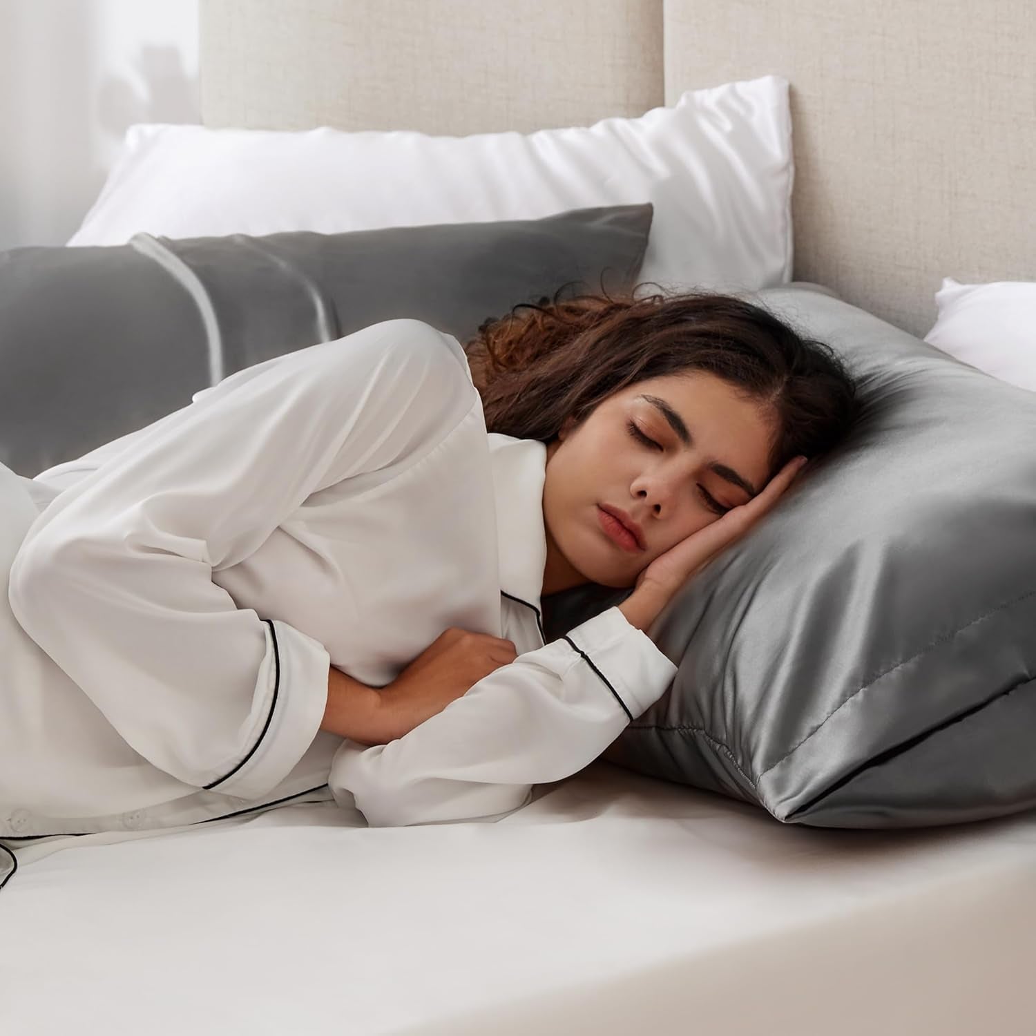 Satin Pillowcase for Hair and Skin, Similar to Silk Pillow Cases for Women, Pillow Case Queen Size Set of 2, Satin Cooling Pillow Cover with Envelope Closure, 20X30 Inches, Dark Grey