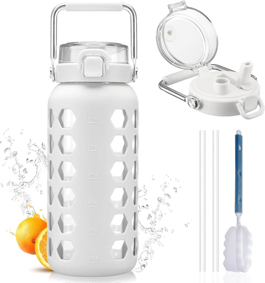 64Oz Glass Water Bottles with Straw and Lid,Half Gallon Water Bottle with Time Marker,Large Glass Water Jug with Silicone Sleeve and Stainless Steel Handle-White