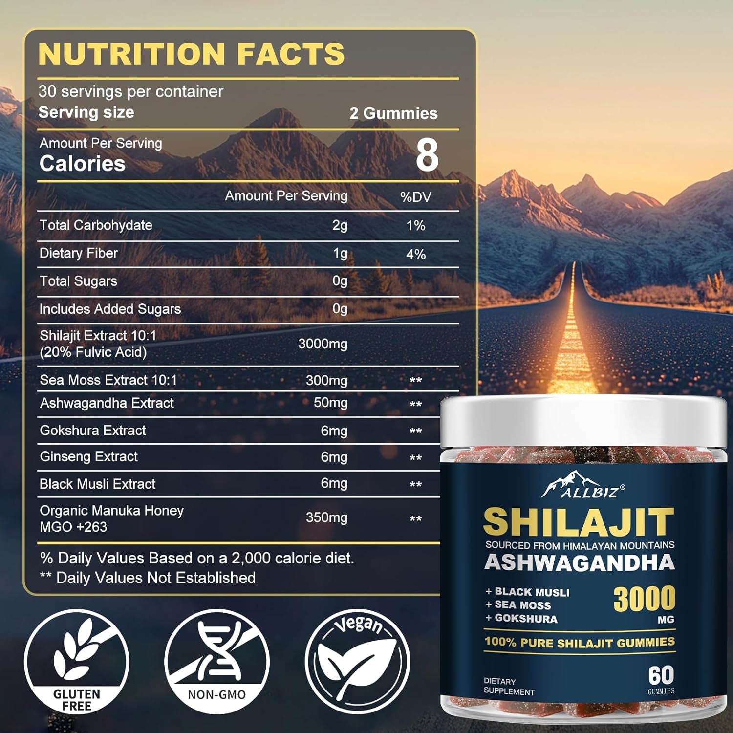6 in 1 Pure Himalayan Natural Shilajit Gummies with Ashwagandha Gokshura, Sweetened by Organic Honey 100% Natural & Non-Gmo Gold Grade Shilajit for Men & Women (60 Gummies)