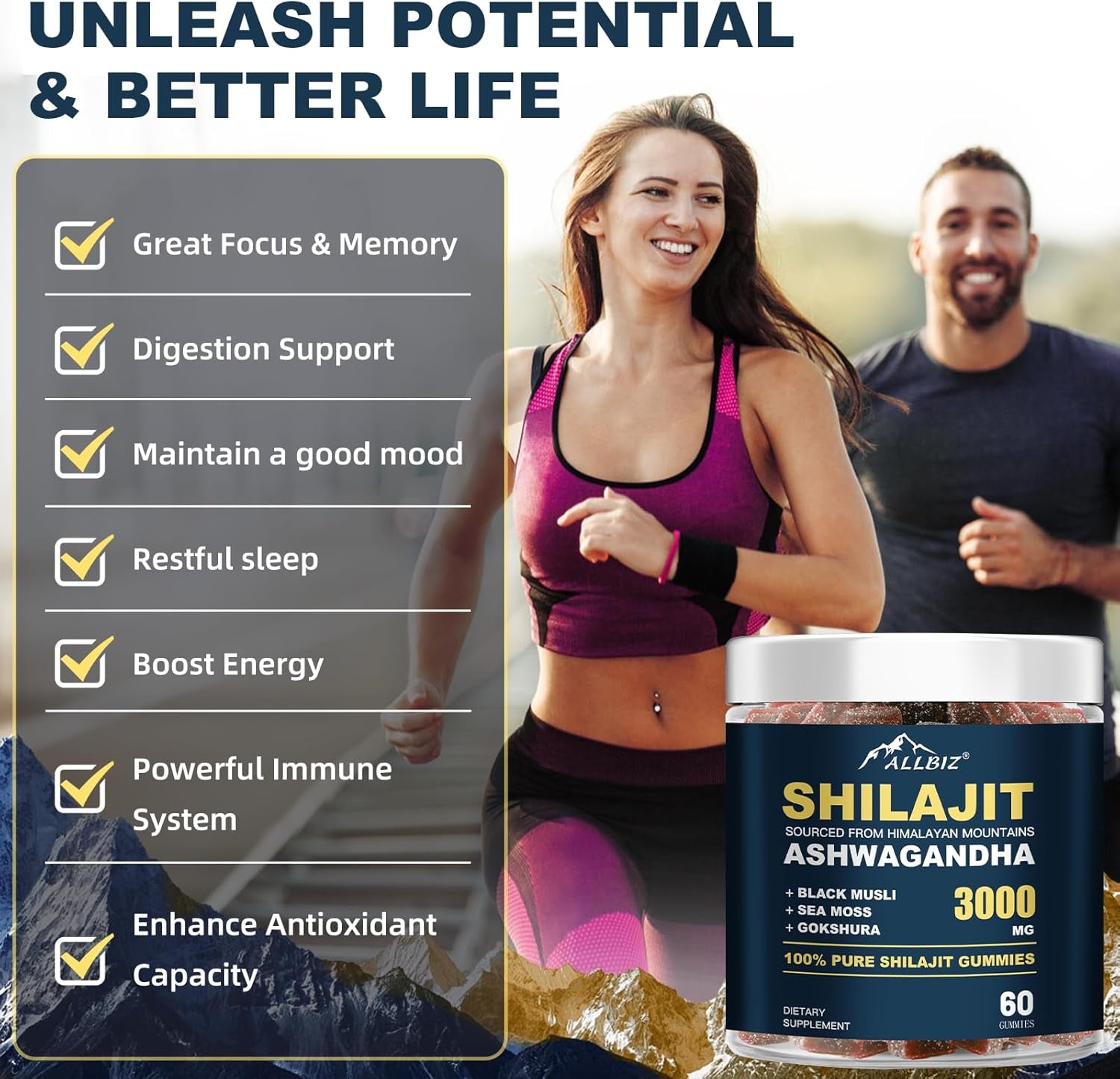6 in 1 Pure Himalayan Natural Shilajit Gummies with Ashwagandha Gokshura, Sweetened by Organic Honey 100% Natural & Non-Gmo Gold Grade Shilajit for Men & Women (60 Gummies)