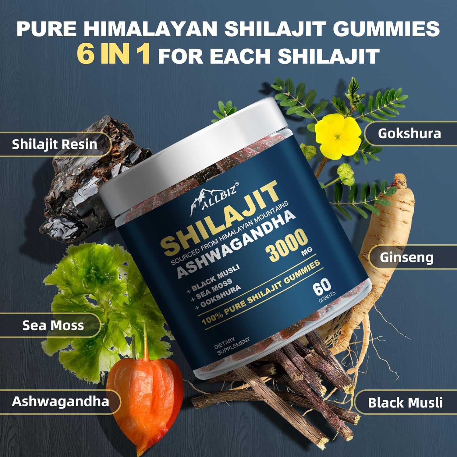 6 in 1 Pure Himalayan Natural Shilajit Gummies with Ashwagandha Gokshura, Sweetened by Organic Honey 100% Natural & Non-Gmo Gold Grade Shilajit for Men & Women (60 Gummies)