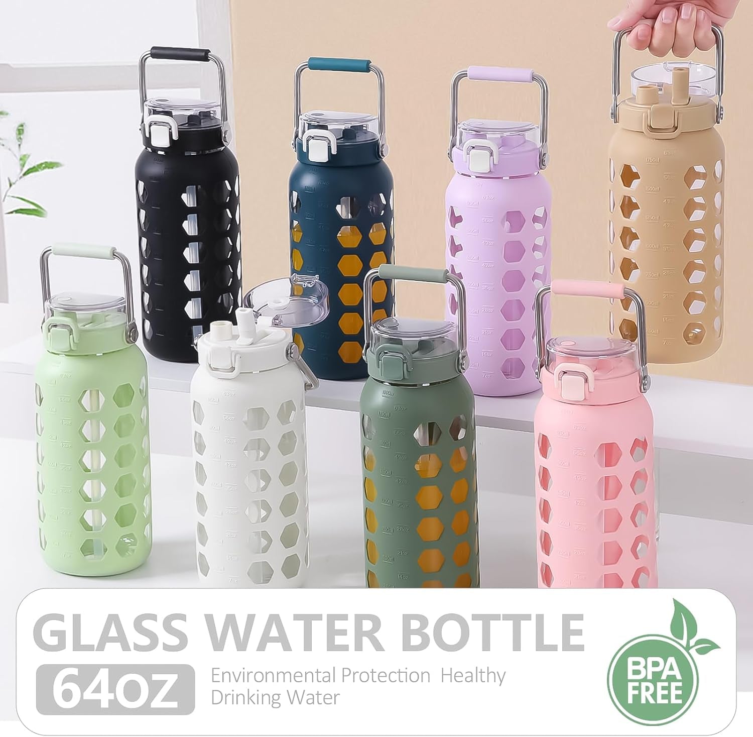 64Oz Glass Water Bottles with Straw and Lid,Half Gallon Water Bottle with Time Marker,Large Glass Water Jug with Silicone Sleeve and Stainless Steel Handle-White