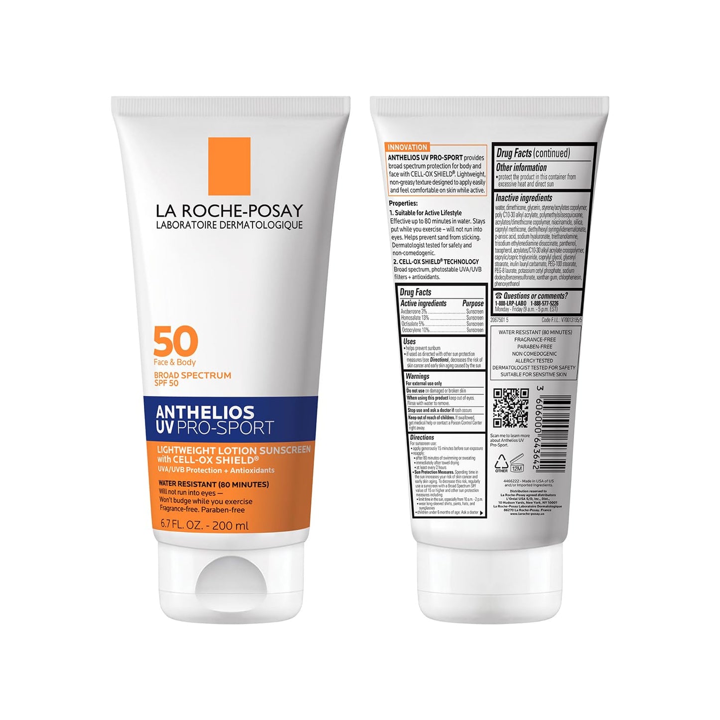 La Roche-Posay Anthelios UV Pro-Sport SPF 50 Sunscreen for Face & Body, Water & Sweat Resistant with Non-Drip Formula, Invisible Broad Spectrum Sunscreen Lotion, Lightweight & Breathable