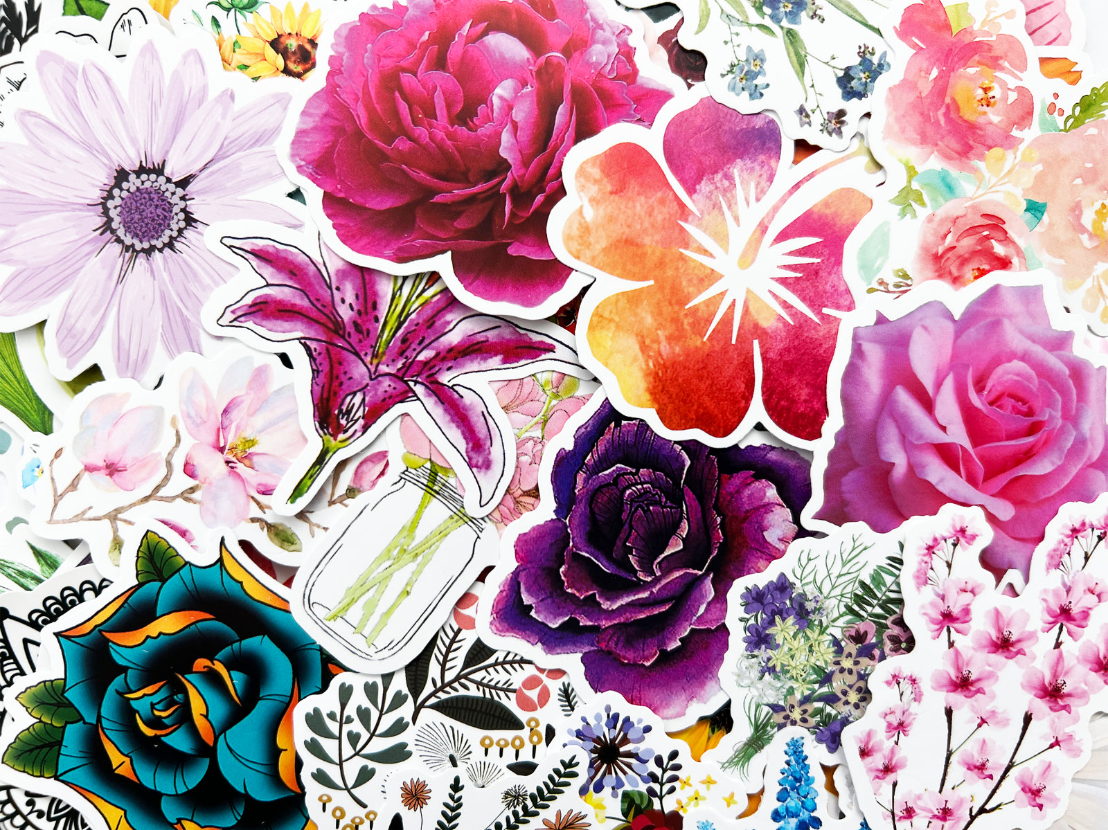 100 Flower Cute Watercolor Stickers Drawn Rose Waterbottle Laptop Vinyl Decals