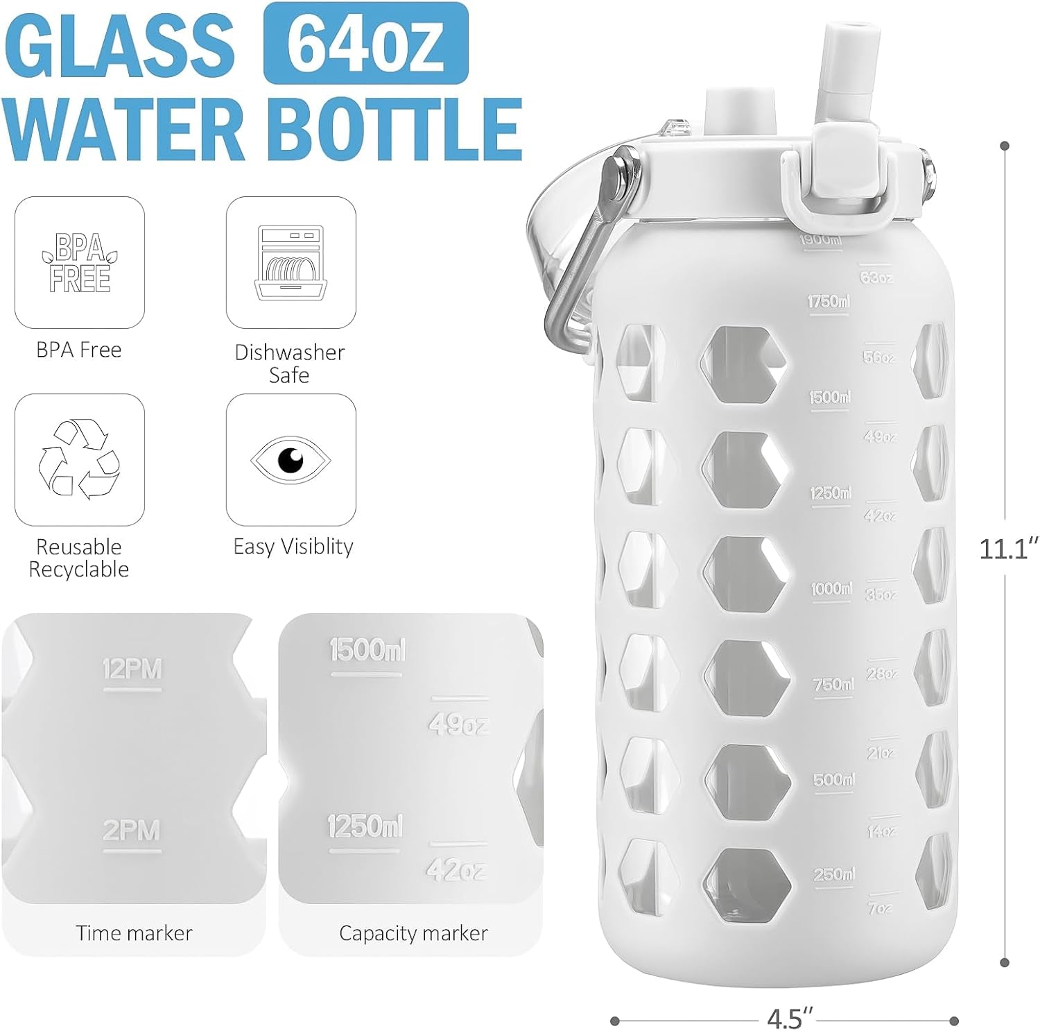 64Oz Glass Water Bottles with Straw and Lid,Half Gallon Water Bottle with Time Marker,Large Glass Water Jug with Silicone Sleeve and Stainless Steel Handle-White