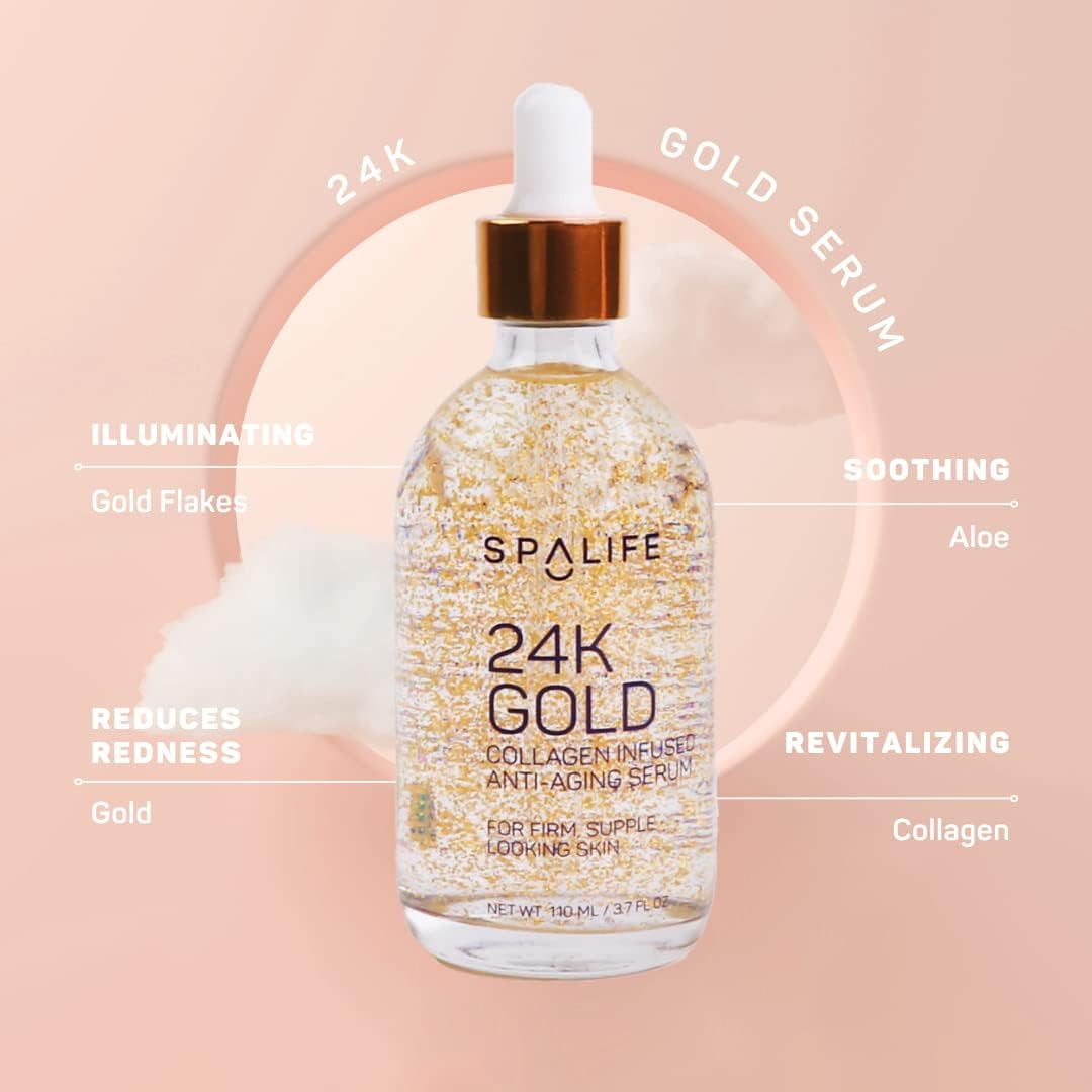 Spa Life Face Serum: 24K Gold Collagen, Hydrating Hyaluronic Acid Serum 100 Ml (3.7 Oz) - for Supple Skin, Radiance Boosting, Firming & Hydrating (2 Pack)