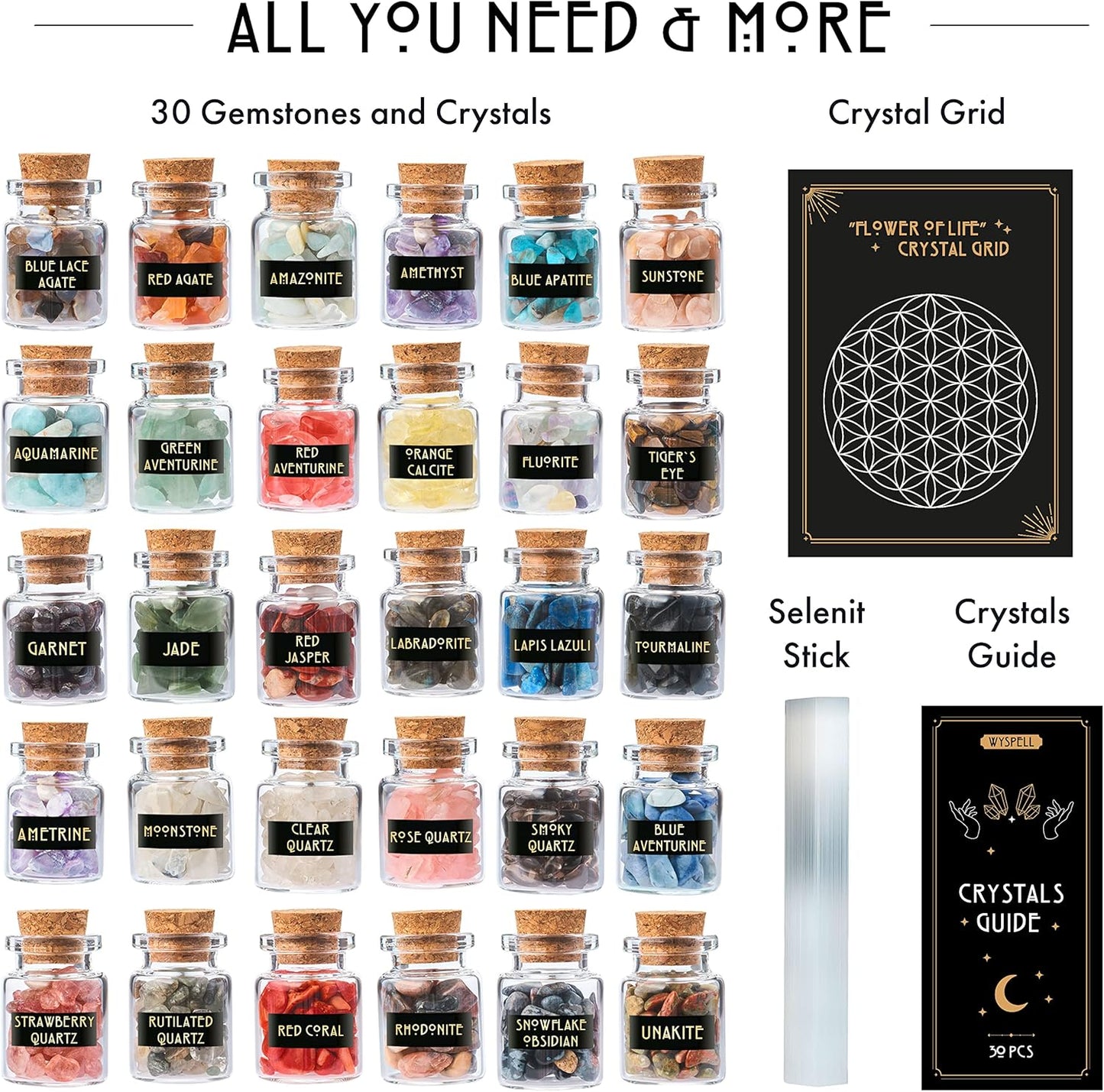 Healing Crystals in Jars 30 PCS - Crystals for Witchcraft - Real Witch Crystals in a Bottle - Altar Witchcraft Stones - Crystal Witchcraft Supplies - Mini Gemstones - Wiccan Supply Tool