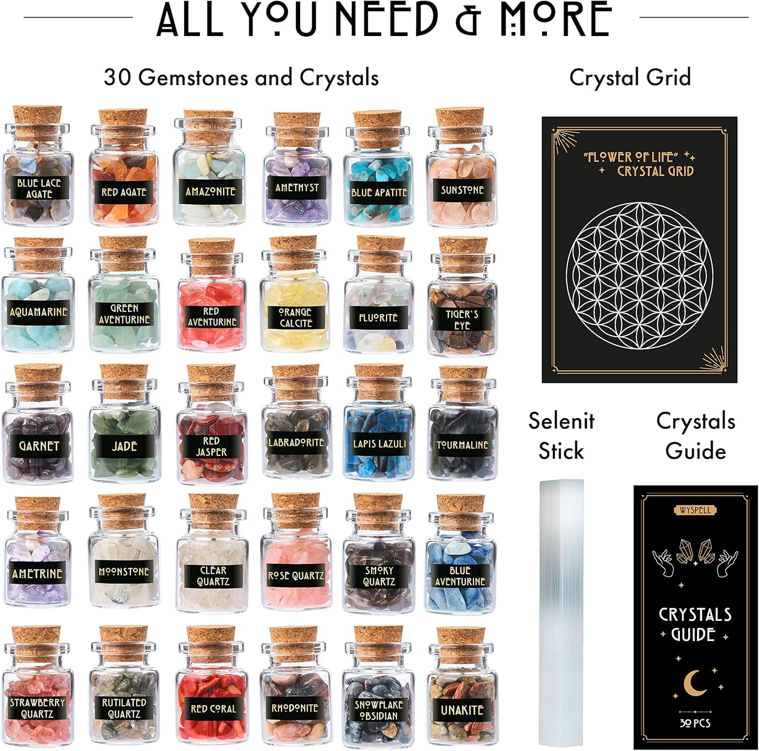Healing Crystals in Jars 30 PCS - Crystals for Witchcraft - Real Witch Crystals in a Bottle - Altar Witchcraft Stones - Crystal Witchcraft Supplies - Mini Gemstones - Wiccan Supply Tool
