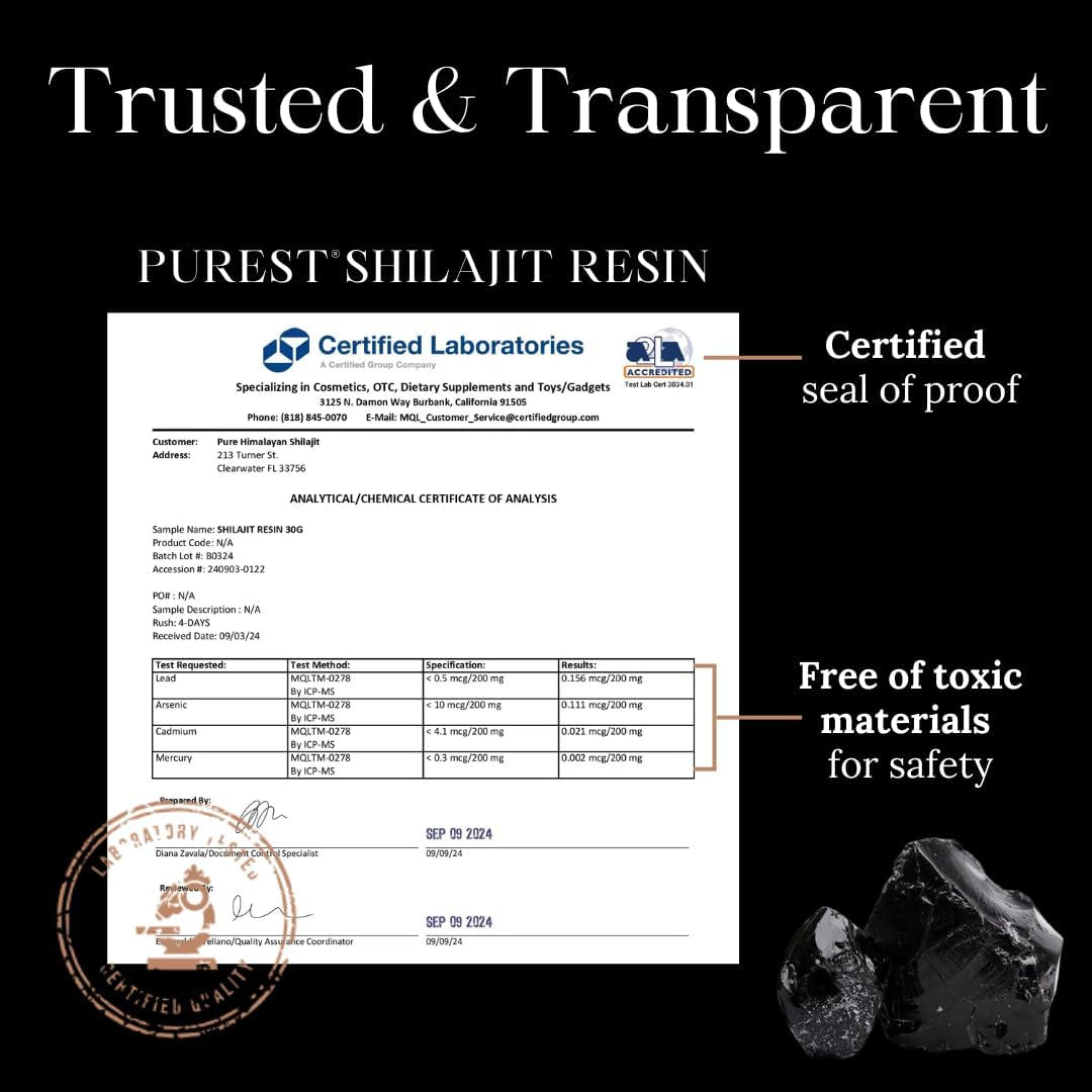 , High Nutritional Potency, Grade a Shilajit Resin with 85+ Plant-Derived Trace Minerals and Fulvic Acid, Energy & Immune Suport for Men and Women, 3Rd Party US Lab Tested (30G)